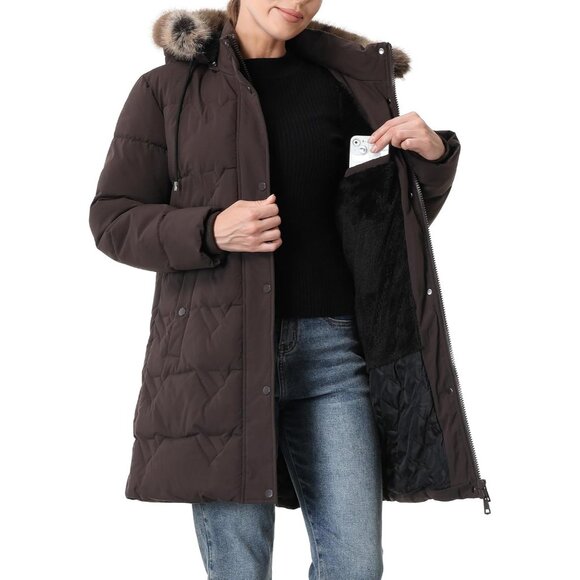Women's Khakhi Waterproof Winter Coat, Long Insulated Parka with Detachable Hood - Picture 7 of 7